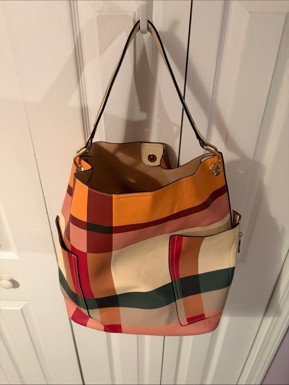 Checked Leather Shoulder Bag in Multi-Color